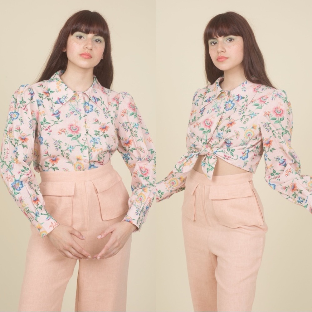 SAMANTHA PLEET Enchantment Floral Button Down Cotton Top Blouse Shirt